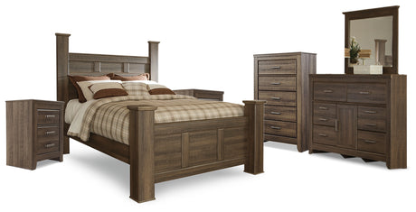 Juararo Queen Poster Bed with Mirrored Dresser, Chest and 2 Nightstands in Dark Brown from Ashley Furniture - Luna Furniture
