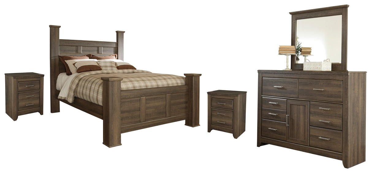 Juararo Dark Brown Queen Poster Bed with Mirrored Dresser and 2 Nightstands from Ashley Furniture - Luna Furniture