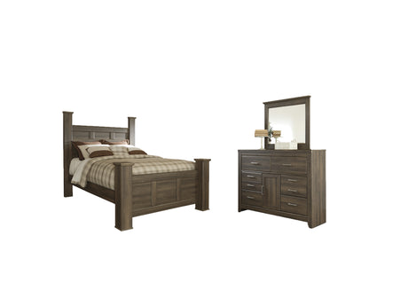 Juararo Queen Poster Bed with Mirrored Dresser in Dark Brown from Ashley Furniture - Luna Furniture