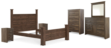 Juararo California King Poster Bed with Mirrored Dresser, Chest and 2 Nightstands in Dark Brown from Ashley Furniture - Luna Furniture