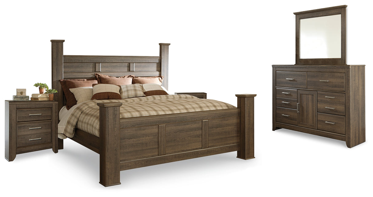 Juararo California King Poster Bed with Mirrored Dresser and 2 Nightstands in Dark Brown from Ashley Furniture - Luna Furniture