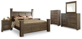Juararo King Poster Bed with Mirrored Dresser, Chest and 2 Nightstands in Dark Brown from Ashley Furniture - Luna Furniture