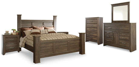Juararo King Poster Bed with Mirrored Dresser, Chest and 2 Nightstands in Dark Brown from Ashley Furniture - Luna Furniture
