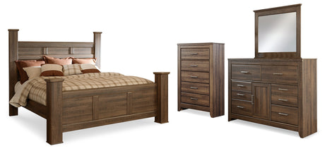 Juararo King Poster Bed with Mirrored Dresser and Chest in Dark Brown from Ashley Furniture - Luna Furniture