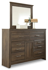 Juararo King Poster Bed with Mirrored Dresser and Chest in Dark Brown from Ashley - Luna Furniture
