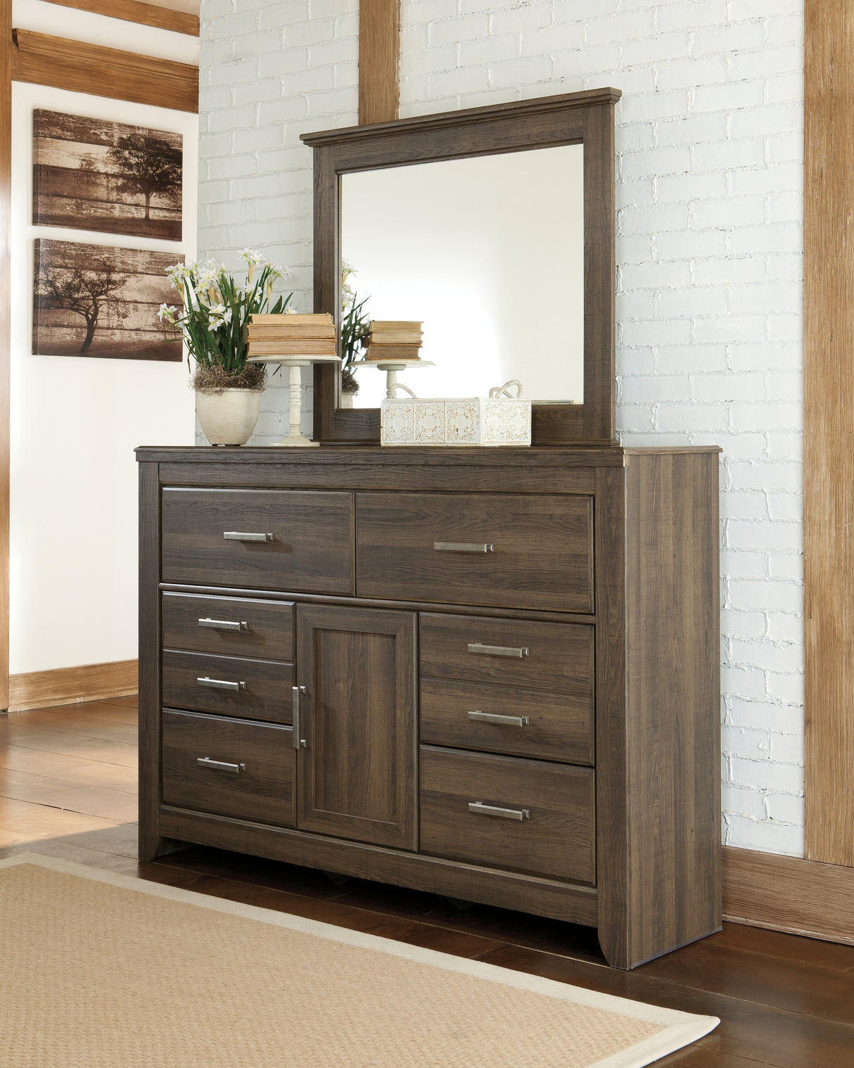 Juararo Dark Brown Queen Poster Bed with Mirrored Dresser and 2 Nightstands from Ashley Furniture - Luna Furniture