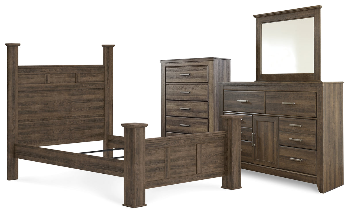 Juararo Queen Poster Bed with Mirrored Dresser and Chest in Dark Brown from Ashley Furniture - Luna Furniture