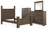 Juararo Queen Poster Bed with Mirrored Dresser and Chest in Dark Brown from Ashley Furniture - Luna Furniture