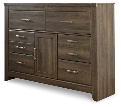 Juararo King Poster Bed with Mirrored Dresser, Chest and 2 Nightstands in Dark Brown from Ashley Furniture - Luna Furniture