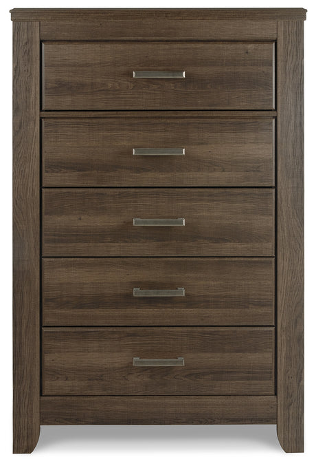 Juararo California King Poster Bed with Mirrored Dresser, Chest and 2 Nightstands in Dark Brown from Ashley Furniture - Luna Furniture