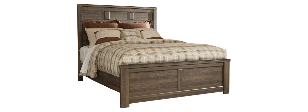 Juararo California King Panel Bed with Mirrored Dresser, Chest and 2 Nightstands in Dark Brown from Ashley - Luna Furniture