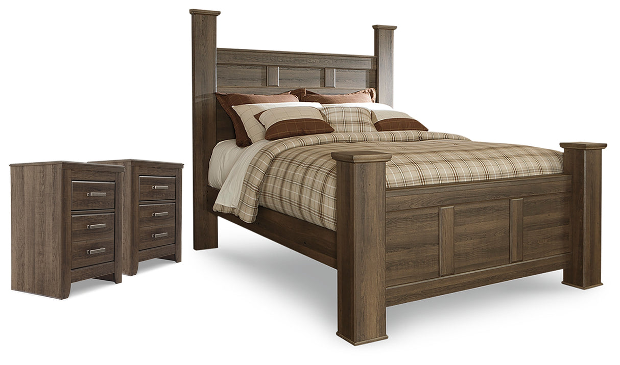 Juararo Dark Brown Queen Poster Bed and 2 Nightstands from Ashley Furniture - Luna Furniture