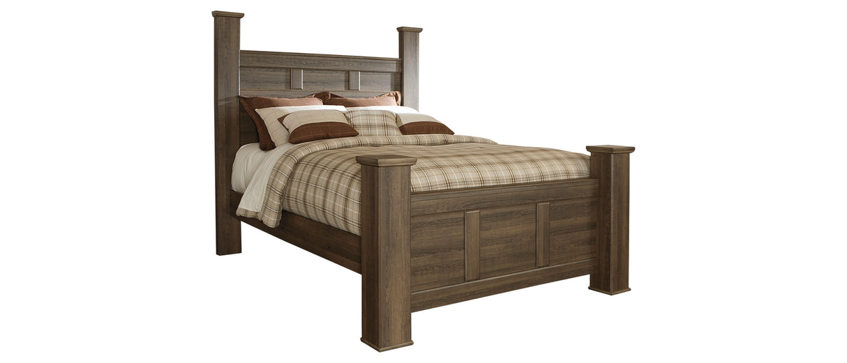 Juararo Queen Poster Bed with Mirrored Dresser and Chest in Dark Brown from Ashley Furniture - Luna Furniture