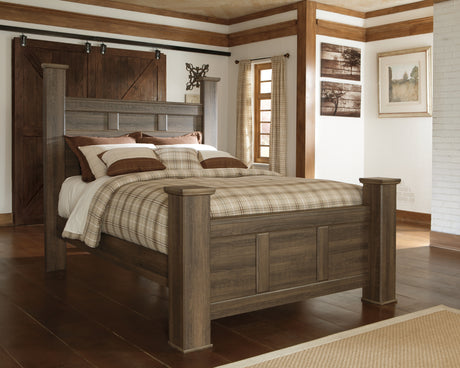 Juararo Queen Poster Bed with Mirrored Dresser and Chest in Dark Brown from Ashley Furniture - Luna Furniture