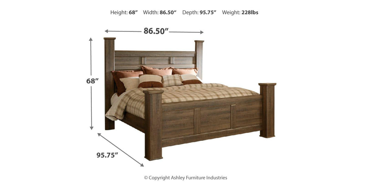 Juararo King Poster Bed with Mirrored Dresser and Chest in Dark Brown from Ashley Furniture - Luna Furniture