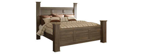 Juararo King Poster Bed with Mirrored Dresser and Chest in Dark Brown from Ashley Furniture - Luna Furniture