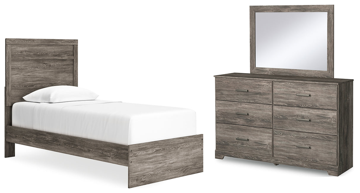 Ralinksi Gray Twin Panel Bed with Mirrored Dresser from Ashley Furniture - Luna Furniture