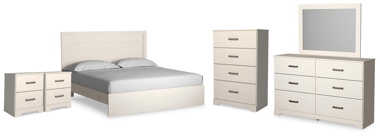 Stelsie White King Panel Bed, Dresser, Mirror, Chest and 2 Nightstands