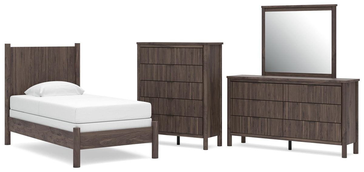Pamytta Brown Twin Panel Bed with Mirrored Dresser and Chest from Ashley - Luna Furniture