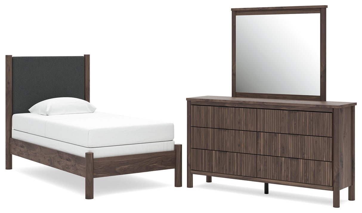 Pamytta Twin Upholstered Panel Bed, Dresser and Mirror from Ashley - Luna Furniture