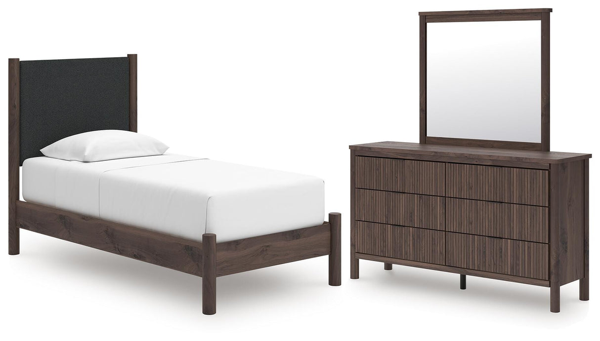Pamytta Twin Upholstered Platform Bed, Dresser and Mirror from Ashley - Luna Furniture