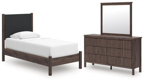 Pamytta Twin Upholstered Platform Bed, Dresser and Mirror from Ashley - Luna Furniture