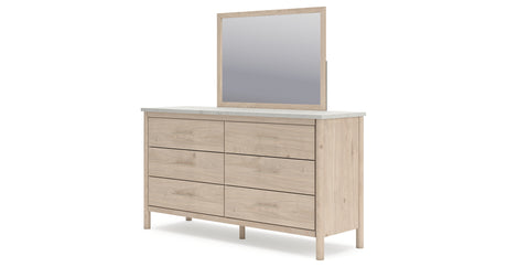 Cadmori Queen Upholstered Panel Bed with Mirrored Dresser in Two-tone from Ashley - Luna Furniture