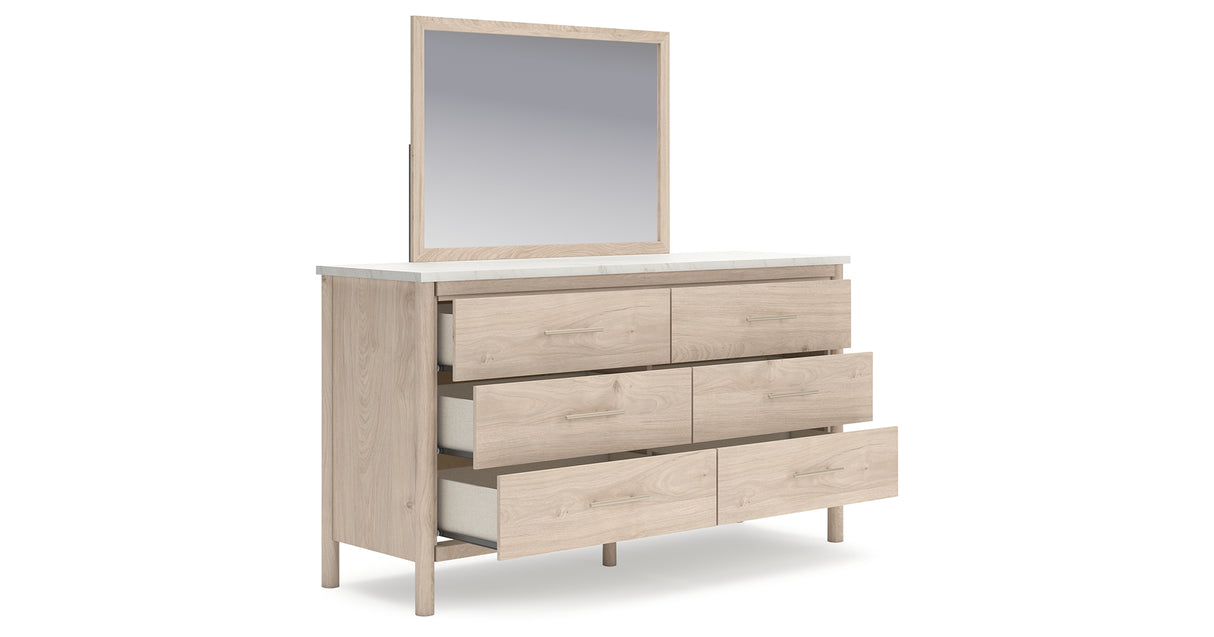 Cadmori Queen Upholstered Panel Bed with Mirrored Dresser, Chest and Nightstand in Two-tone from Ashley - Luna Furniture