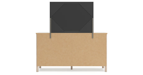 Cadmori Queen Upholstered Panel Bed with Mirrored Dresser, Chest and 2 Nightstands in Two-tone from Ashley - Luna Furniture