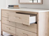Cadmori Queen Upholstered Panel Bed with Mirrored Dresser and Nightstand in Two-tone from Ashley - Luna Furniture