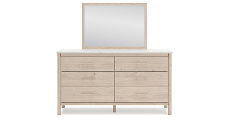 Cadmori Queen Upholstered Panel Bed with Mirrored Dresser in Two-tone from Ashley - Luna Furniture