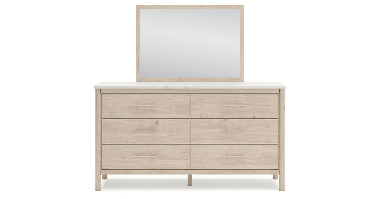 Cadmori Queen Upholstered Panel Bed with Mirrored Dresser and Nightstand in Two-tone from Ashley - Luna Furniture