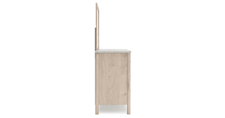Cadmori Queen Upholstered Panel Bed with Mirrored Dresser and Chest in Two-tone from Ashley - Luna Furniture