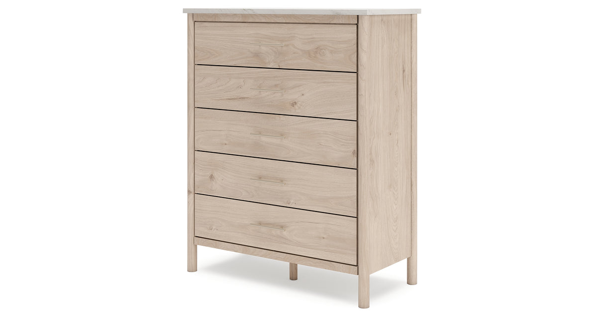 Cadmori Queen Upholstered Panel Bed with Mirrored Dresser, Chest and Nightstand in Two-tone from Ashley - Luna Furniture