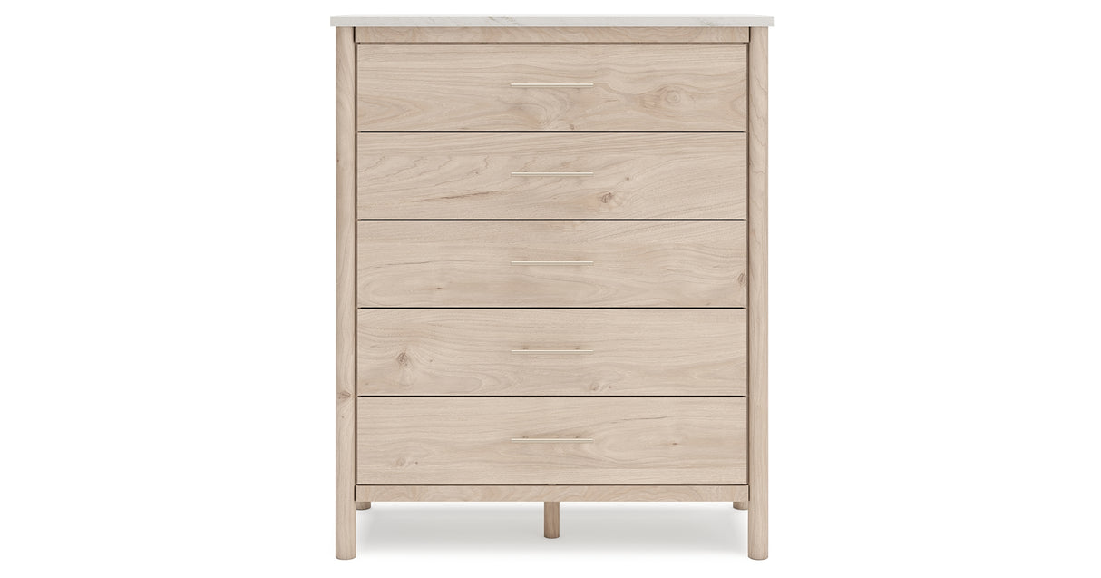 Cadmori Two-tone Queen Upholstered Panel Bed with Mirrored Dresser and Chest from Ashley - Luna Furniture