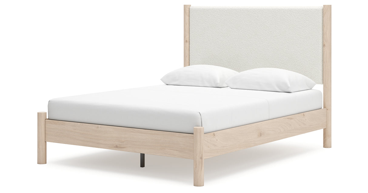 Cadmori Queen Upholstered Panel Bed with Mirrored Dresser in Two-tone from Ashley - Luna Furniture