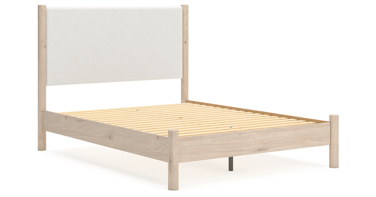 Cadmori Queen Upholstered Panel Bed with Mirrored Dresser and Nightstand in Two-tone from Ashley - Luna Furniture