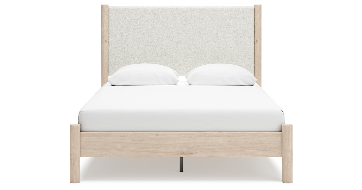 Cadmori Queen Upholstered Panel Bed with Mirrored Dresser and Nightstand in Two-tone from Ashley - Luna Furniture