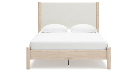 Cadmori Queen Upholstered Panel Bed with Mirrored Dresser in Two-tone from Ashley - Luna Furniture