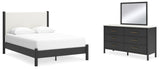 Cadmori Queen Upholstered Panel Bed, Dresser and Mirror in Black/White from Ashley - Luna Furniture