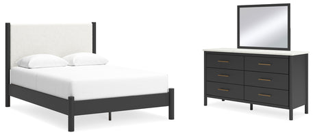 Cadmori Queen Upholstered Panel Bed, Dresser and Mirror in Black/White from Ashley - Luna Furniture