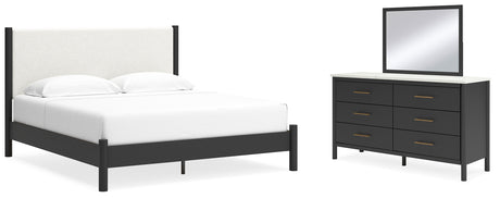 Cadmori Black/White King Upholstered Panel Bed, Dresser and Mirror from Ashley - Luna Furniture