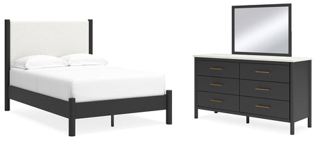 Cadmori Black/White Full Upholstered Panel Bed, Dresser and Mirror from Ashley - Luna Furniture