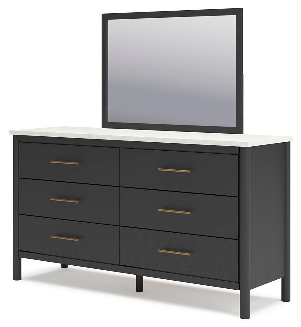 Cadmori Black/White Full Upholstered Panel Bed, Dresser and Mirror from Ashley - Luna Furniture