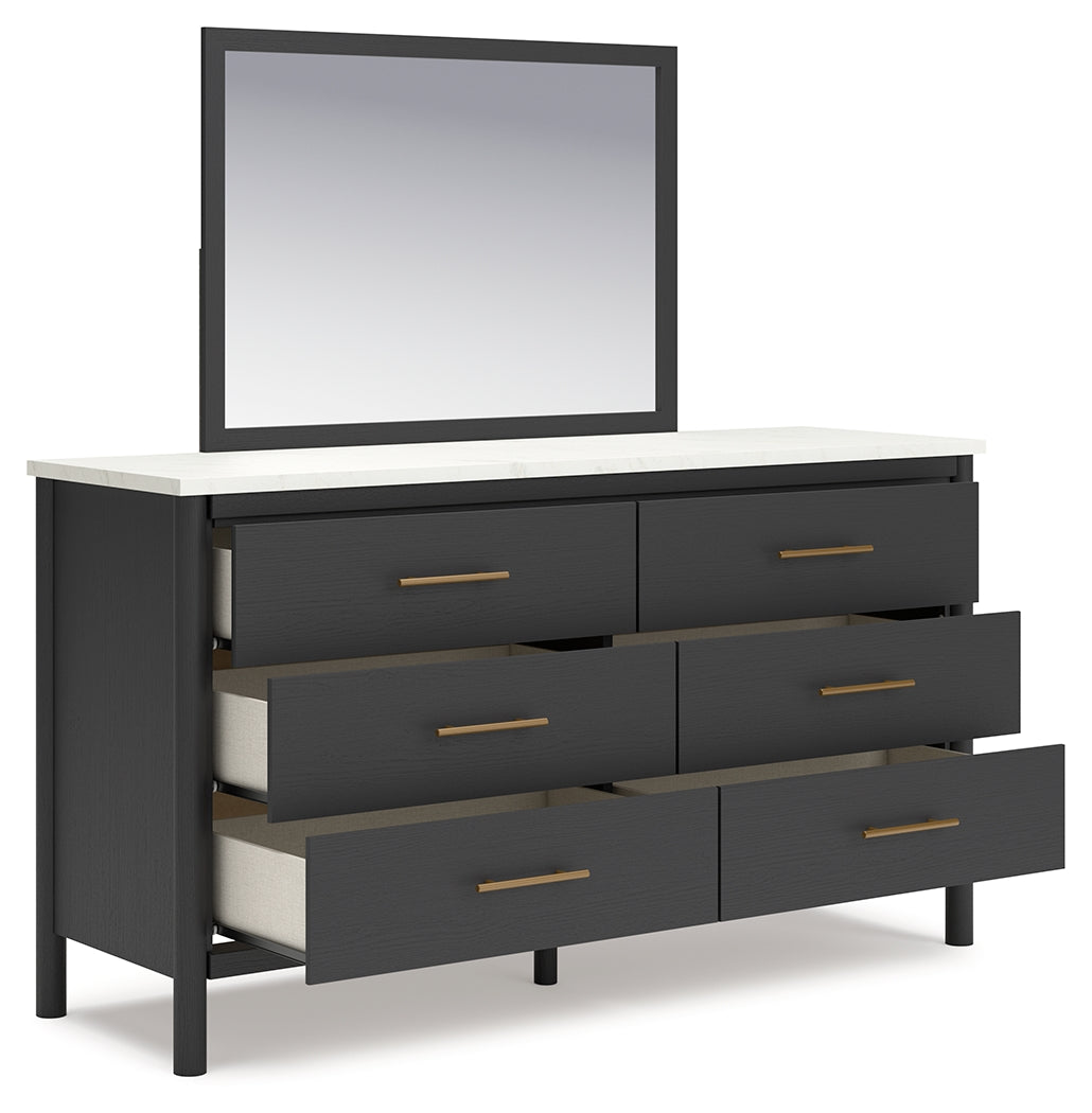 Cadmori Black/White Full Upholstered Panel Bed, Dresser and Mirror from Ashley - Luna Furniture
