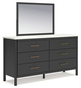 Cadmori Black/White King Upholstered Panel Bed, Dresser and Mirror from Ashley - Luna Furniture