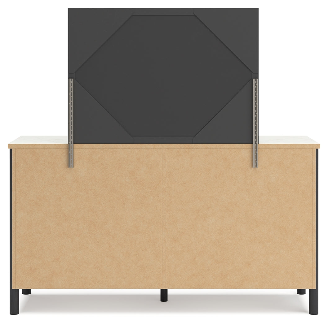 Cadmori Black/White King Upholstered Panel Bed, Dresser and Mirror from Ashley - Luna Furniture