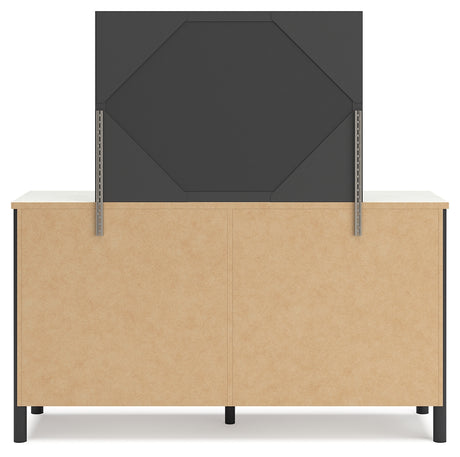 Cadmori Black/White King Upholstered Panel Bed, Dresser and Mirror from Ashley - Luna Furniture
