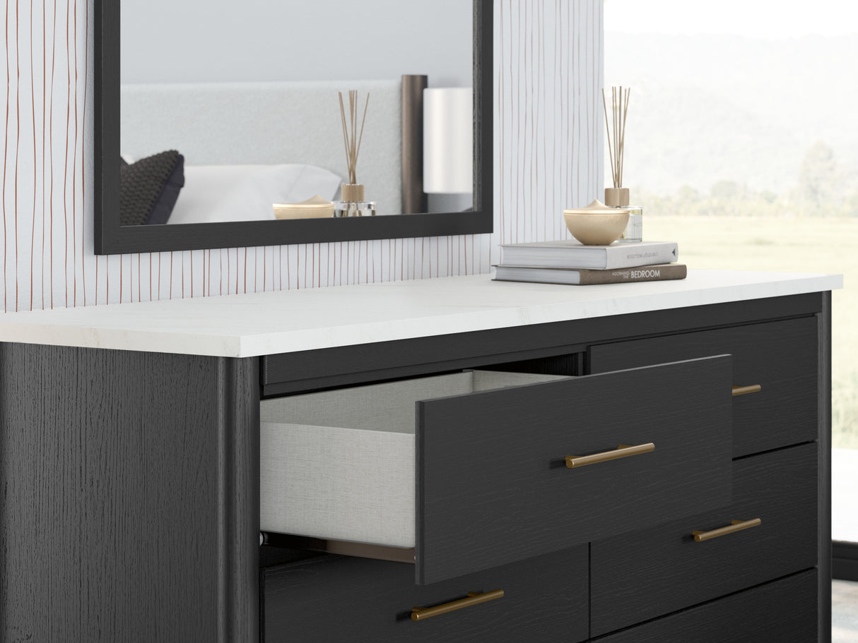 Cadmori Queen Upholstered Panel Bed, Dresser and Mirror in Black/White from Ashley - Luna Furniture