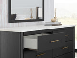 Cadmori Black/White Full Upholstered Panel Bed, Dresser and Mirror from Ashley - Luna Furniture